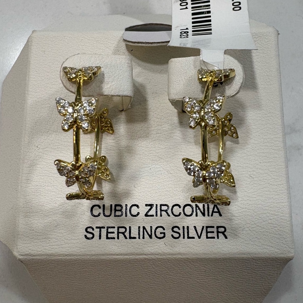 Sterling Silver Gold-Tone Butterfly Cubic Zirconia Hoop Earrings - Women Jewelry